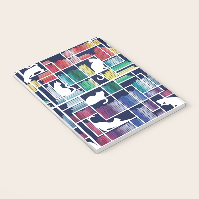 Rainbow bookshelf // navy blue background white shelf and library cats Notebook Gallery Image 3