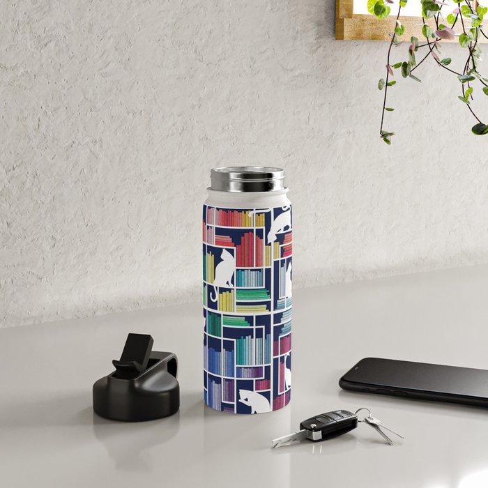 Rainbow bookshelf // navy blue background white shelf and library cats Water Bottle Gallery Image 4