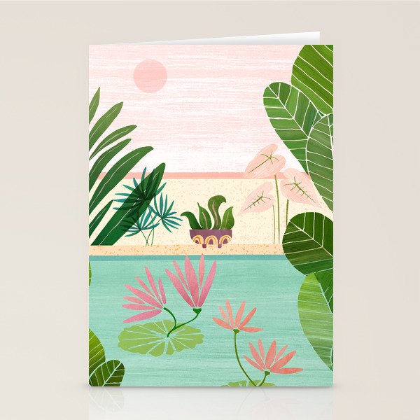 Morocco Meditation Garden - Pink and Green Landscape Stationery Card Gallery Image 2