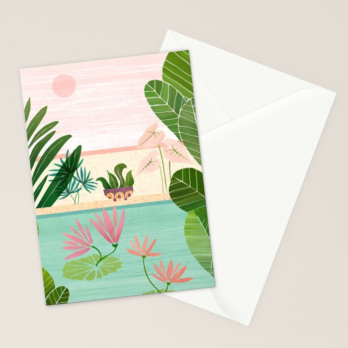 Morocco Meditation Garden - Pink and Green Landscape Stationery Card Gallery Image 2