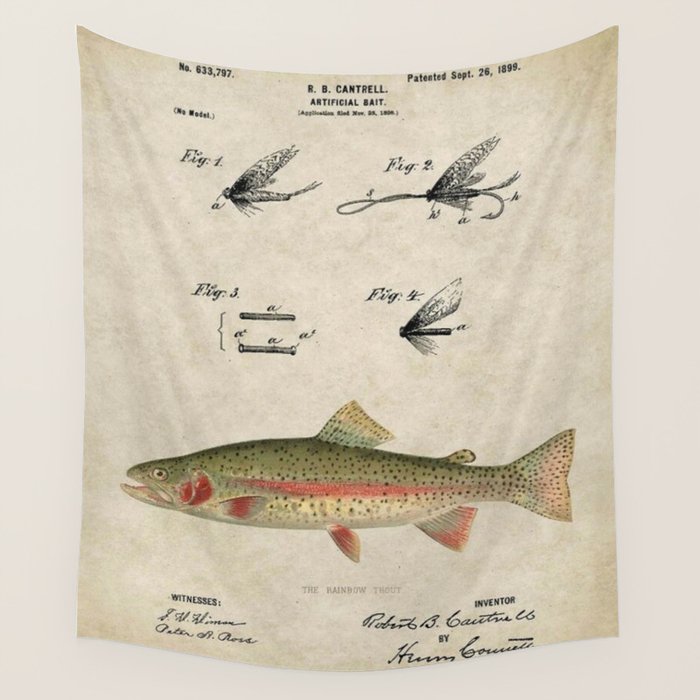 Vintage Rainbow Trout Fly Fishing Lure Patent Game Fish Identification Chart Wall Tapestry Gallery Image 4