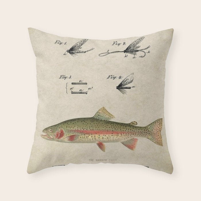 Vintage Rainbow Trout Fly Fishing Lure Patent Game Fish Identification Chart Throw Pillow Gallery Image 6