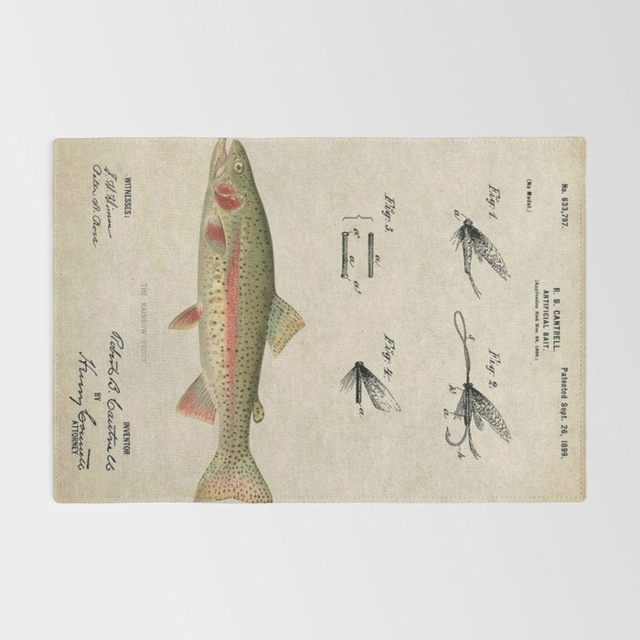 Vintage Rainbow Trout Fly Fishing Lure Patent Game Fish Identification Chart Rug Gallery Image 2