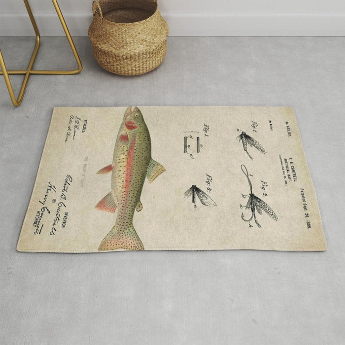 Vintage Rainbow Trout Fly Fishing Lure Patent Game Fish Identification Chart Rug Gallery Image 1