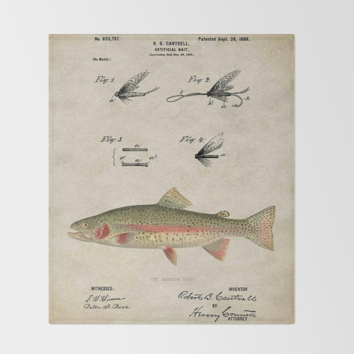 Vintage Rainbow Trout Fly Fishing Lure Patent Game Fish Identification Chart Throw Blanket Gallery Image 2
