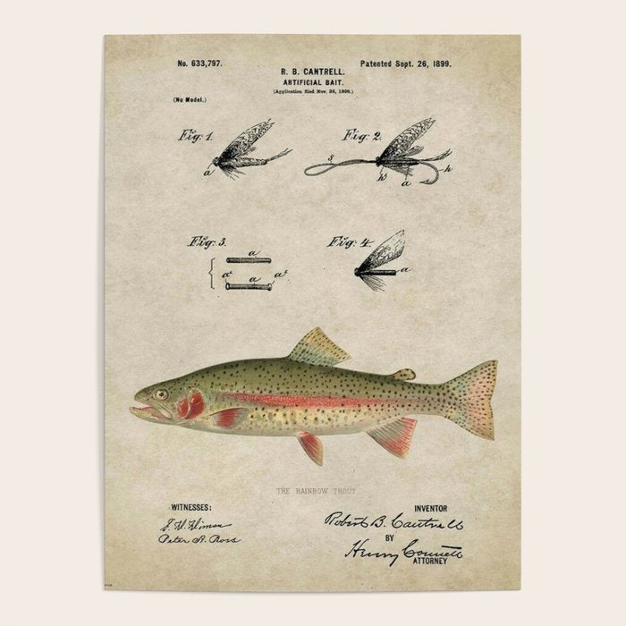 Vintage Rainbow Trout Fly Fishing Lure Patent Game Fish Identification Chart Poster Gallery Image 4