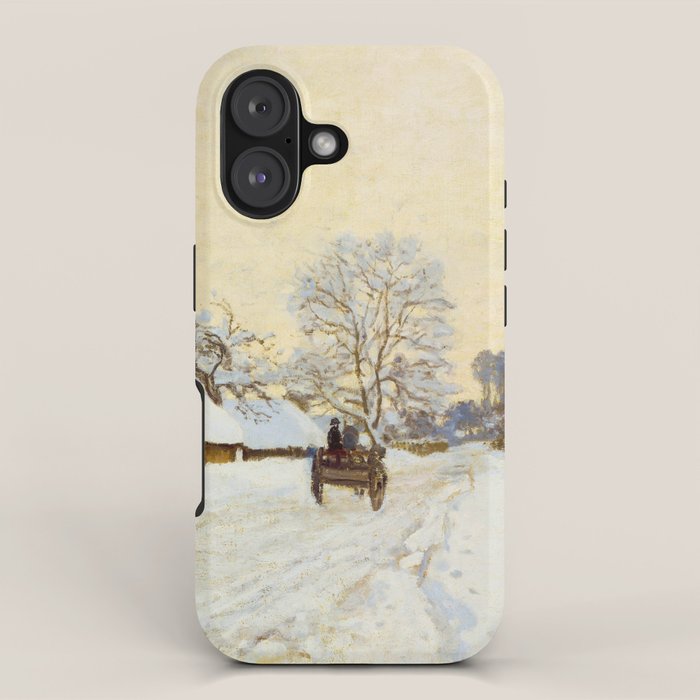 Claude Monet Impressionist Landscape Oil Painting A Cart on the Snowy Road at Honfleur iPhone Case Gallery Image 1