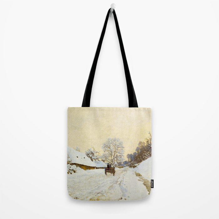 Claude Monet Impressionist Landscape Oil Painting A Cart on the Snowy Road at Honfleur Tote Bag Gallery Image 2
