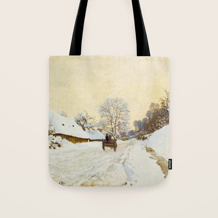 Claude Monet Impressionist Landscape Oil Painting A Cart on the Snowy Road at Honfleur Tote Bag Gallery Image 1