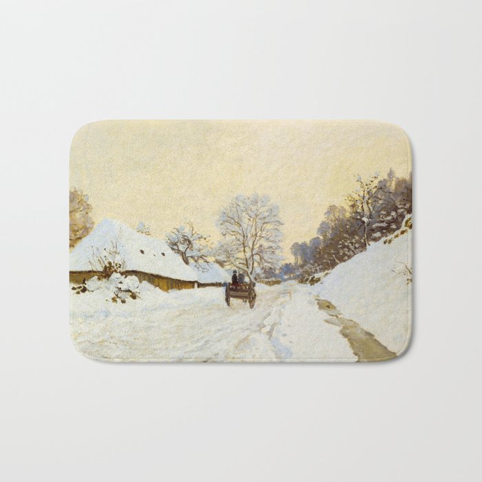 Claude Monet Impressionist Landscape Oil Painting A Cart on the Snowy Road at Honfleur Bath Mat Gallery Image 1