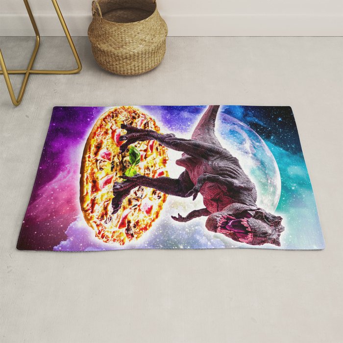 Tyrannosaurus Rex Dinosaur Riding Pizza In Space Rug Gallery Image 1
