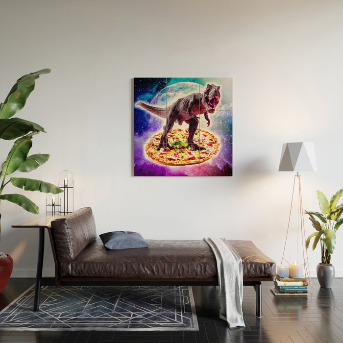Tyrannosaurus Rex Dinosaur Riding Pizza In Space Wood Wall Art Gallery Image 2