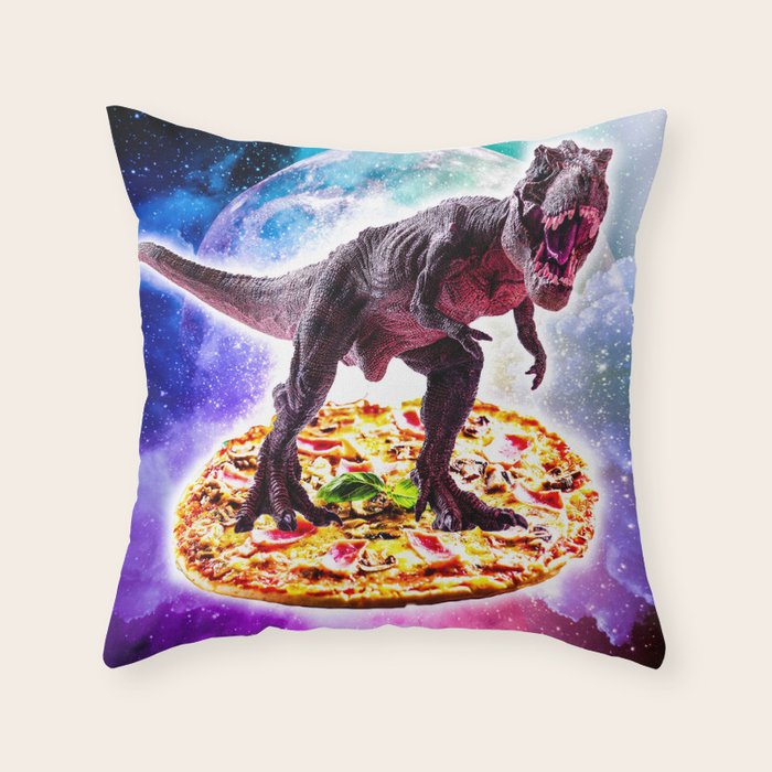 Tyrannosaurus Rex Dinosaur Riding Pizza In Space Throw Pillow Gallery Image 1