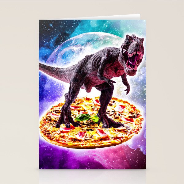 Tyrannosaurus Rex Dinosaur Riding Pizza In Space Stationery Card Gallery Image 2