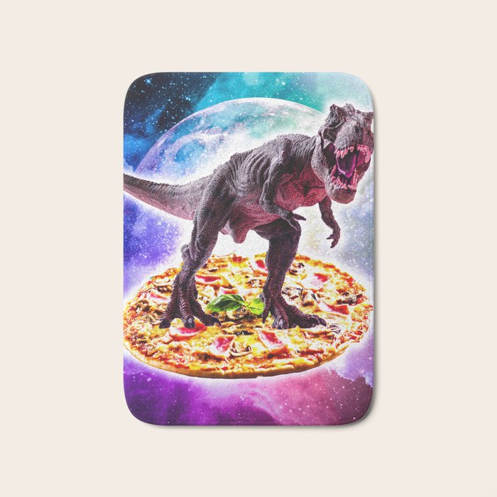 Tyrannosaurus Rex Dinosaur Riding Pizza In Space Bath Mat Gallery Image 1