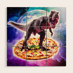 Tyrannosaurus Rex Dinosaur Riding Pizza In Space Wood Wall Art Gallery Image 1