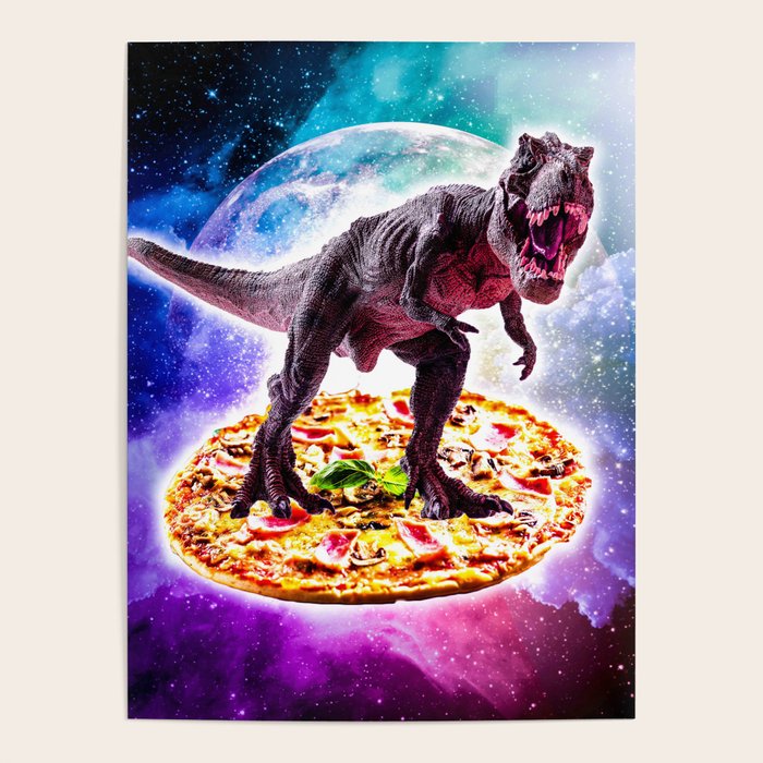 Tyrannosaurus Rex Dinosaur Riding Pizza In Space Poster Gallery Image 4