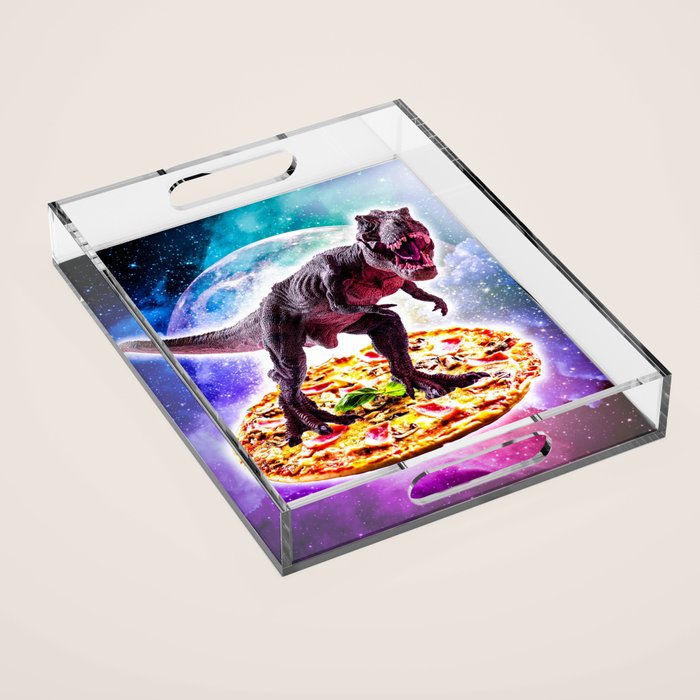 Tyrannosaurus Rex Dinosaur Riding Pizza In Space Acrylic Tray Gallery Image 1
