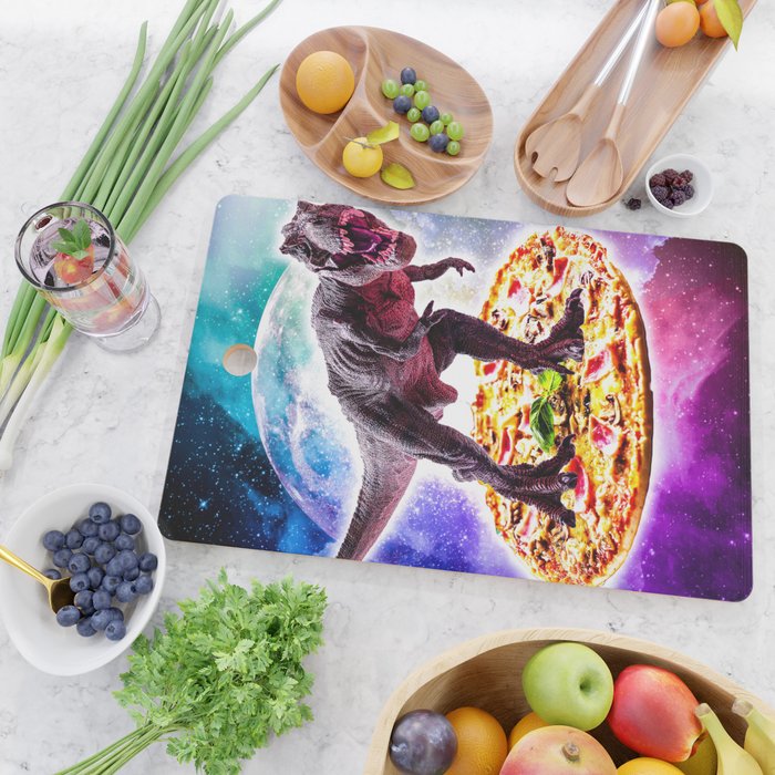 Tyrannosaurus Rex Dinosaur Riding Pizza In Space Cutting Board Gallery Image 2