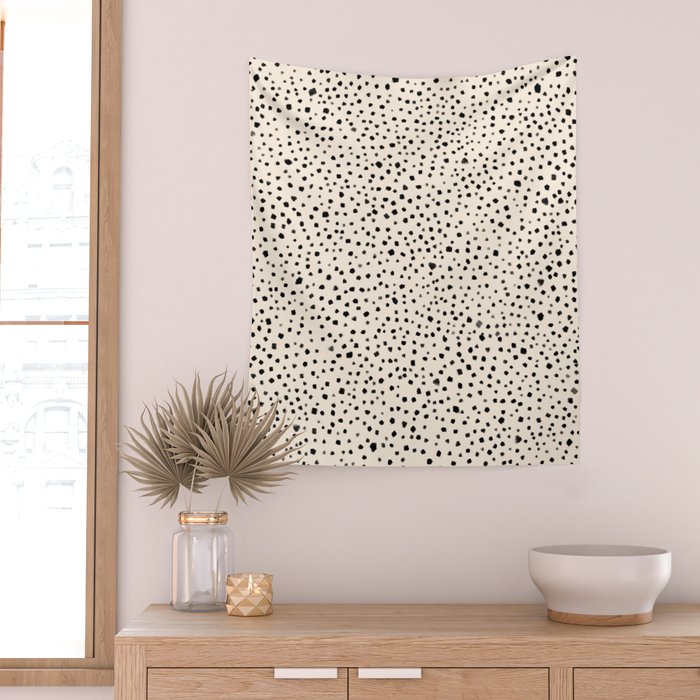 Painted Smudge Dots Organic Pattern in Black and Almond Cream Wall Tapestry Gallery Image 2
