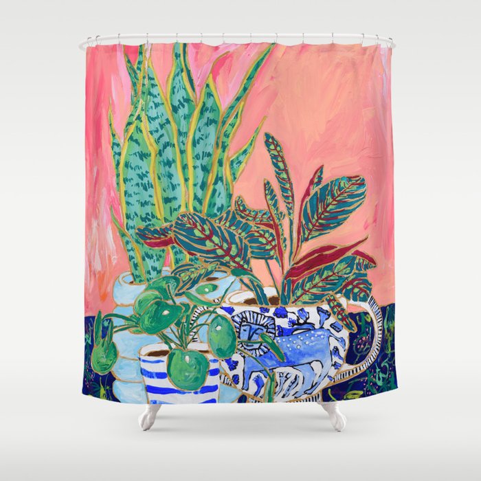 Pink Indoor Plant Still Life with Lion x The Sill Shower Curtain Gallery Image 1