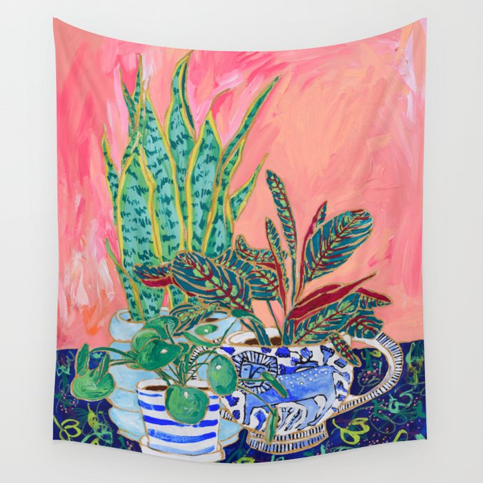 Pink Indoor Plant Still Life with Lion x The Sill Wall Tapestry Gallery Image 4