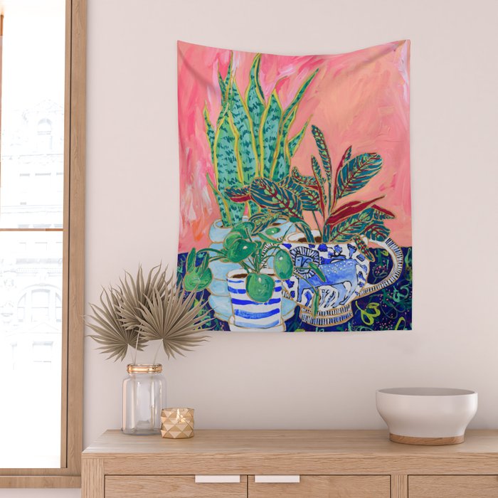Pink Indoor Plant Still Life with Lion x The Sill Wall Tapestry Gallery Image 2