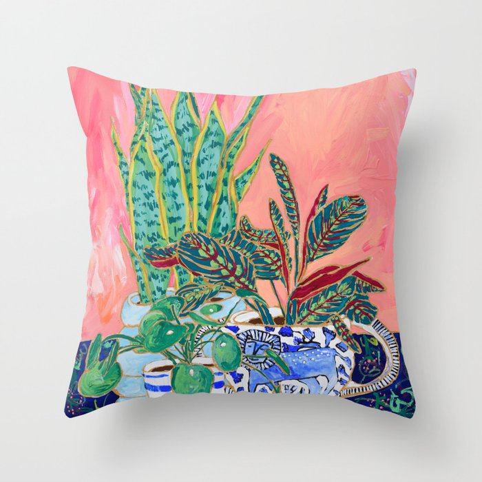 Pink Indoor Plant Still Life with Lion x The Sill Throw Pillow Gallery Image 1