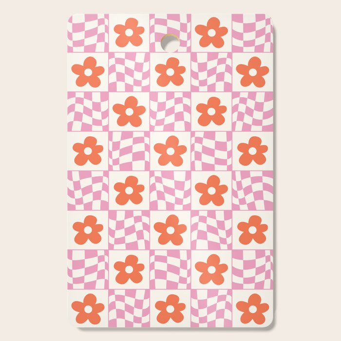 Orange Flower Pink & White Warped Double Checker Cutting Board Gallery Image 1
