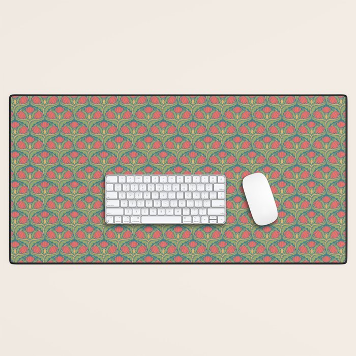 Art Nouveau Pattern 2 Red Sage Green Yellow Ochre On Blue Desk Mat Gallery Image 1