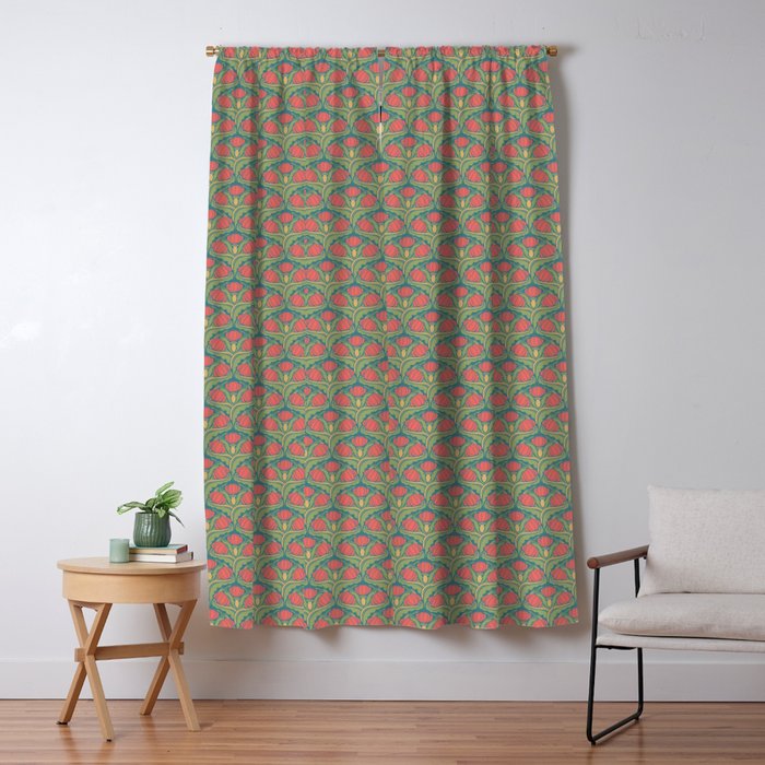 Art Nouveau Pattern 2 Red Sage Green Yellow Ochre On Blue Window Curtain Gallery Image 5