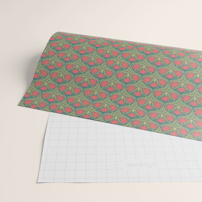 Art Nouveau Pattern 2 Red Sage Green Yellow Ochre On Blue Wrapping Paper Gallery Image 2