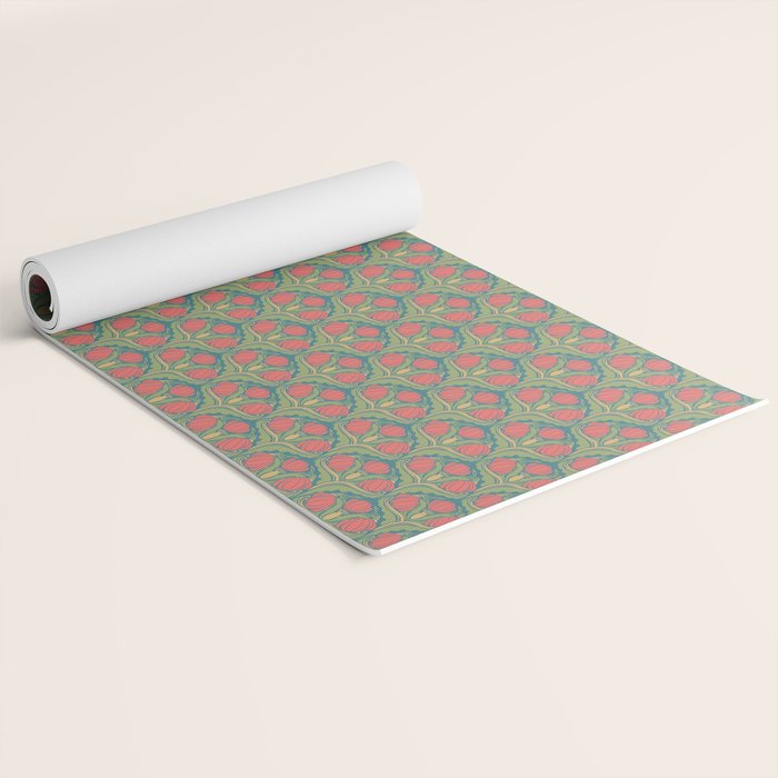 Art Nouveau Pattern 2 Red Sage Green Yellow Ochre On Blue Yoga Mat Gallery Image 2
