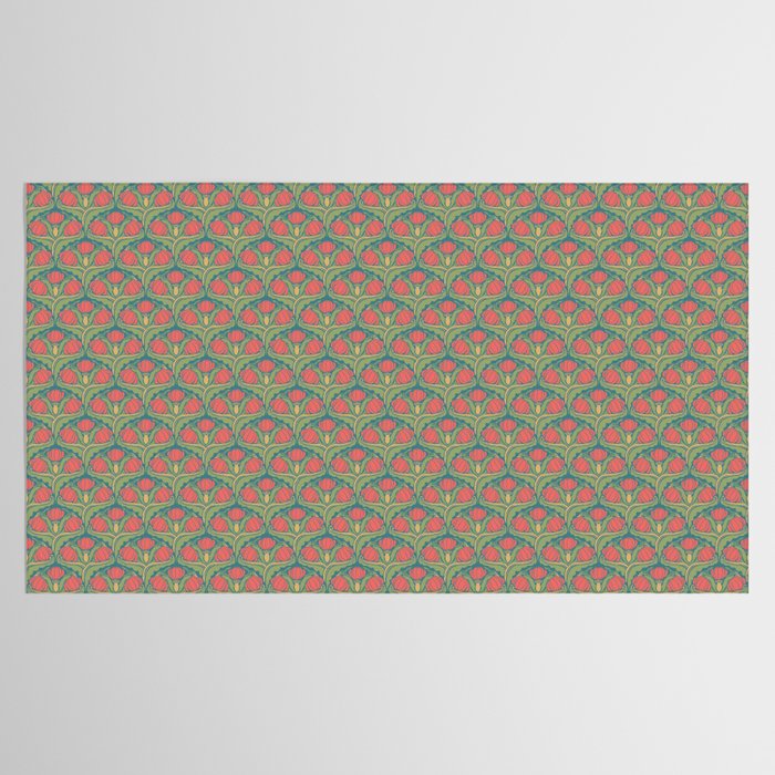 Art Nouveau Pattern 2 Red Sage Green Yellow Ochre On Blue Tablecloth Gallery Image 2