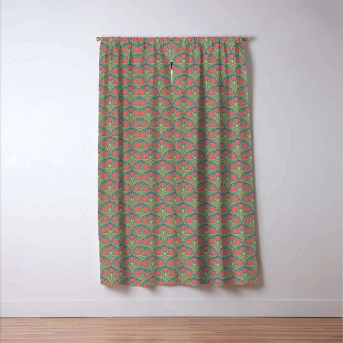 Art Nouveau Pattern 2 Red Sage Green Yellow Ochre On Blue Window Curtain Gallery Image 3