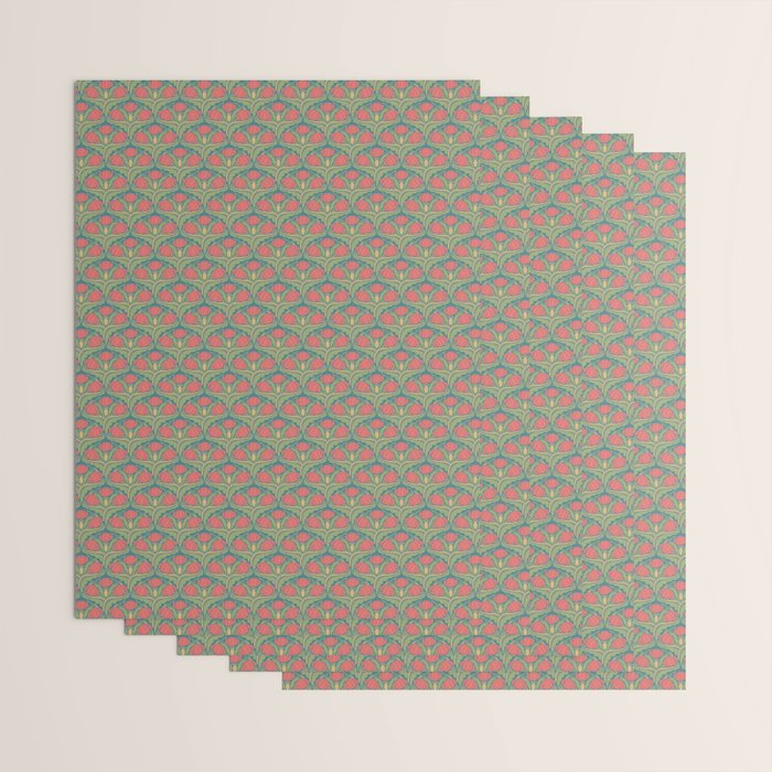 Art Nouveau Pattern 2 Red Sage Green Yellow Ochre On Blue Wrapping Paper Gallery Image 3