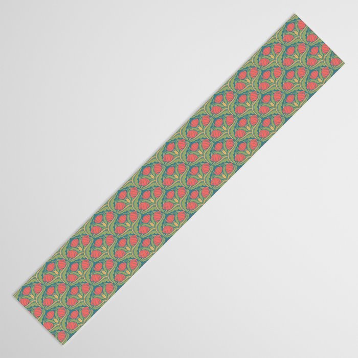 Art Nouveau Pattern 2 Red Sage Green Yellow Ochre On Blue Table Runner Gallery Image 3