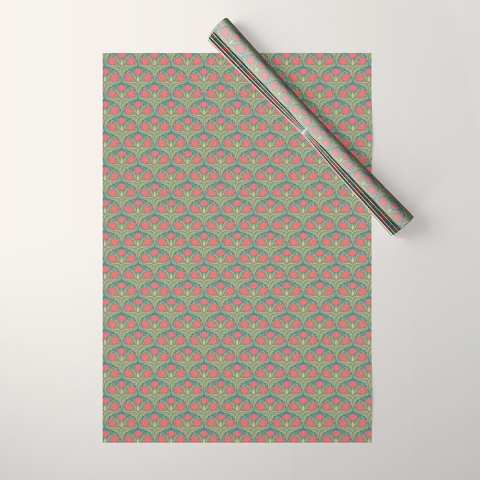 Art Nouveau Pattern 2 Red Sage Green Yellow Ochre On Blue Wrapping Paper Gallery Image 1