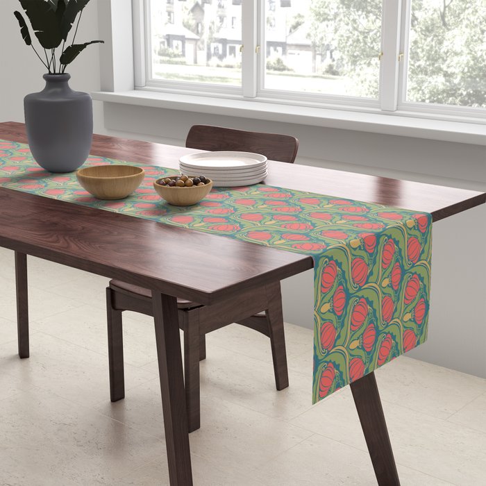 Art Nouveau Pattern 2 Red Sage Green Yellow Ochre On Blue Table Runner Gallery Image 2