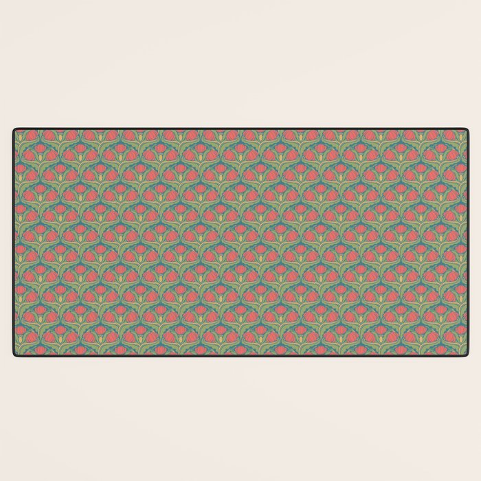 Art Nouveau Pattern 2 Red Sage Green Yellow Ochre On Blue Desk Mat Gallery Image 3