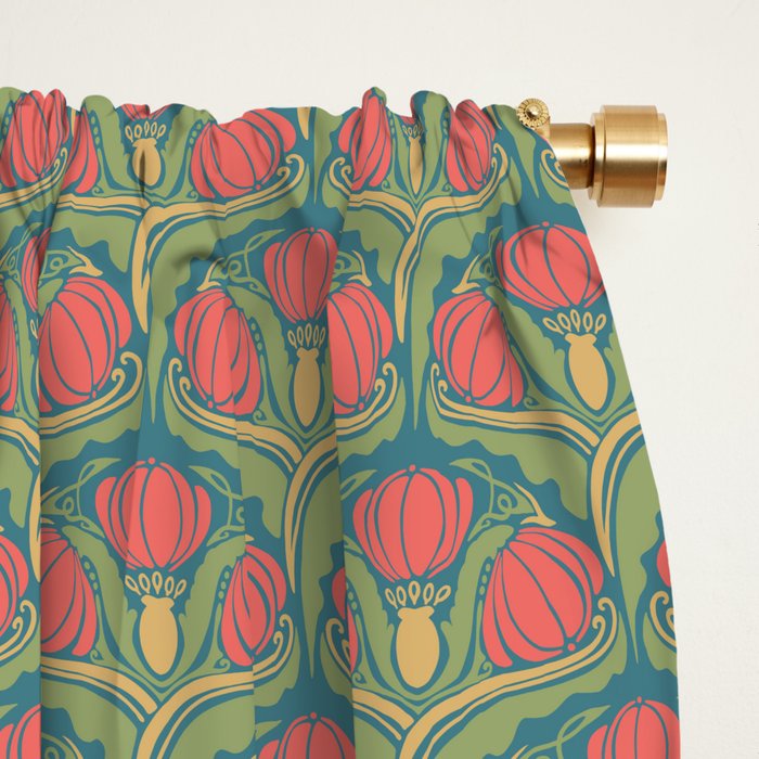 Art Nouveau Pattern 2 Red Sage Green Yellow Ochre On Blue Window Curtain Gallery Image 2