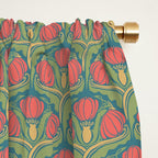 Art Nouveau Pattern 2 Red Sage Green Yellow Ochre On Blue Window Curtain Gallery Image 2