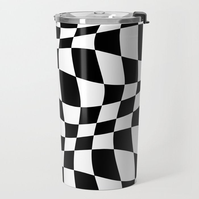 Warped Checkered Pattern (black/white) Travel Mug Gallery Image 2