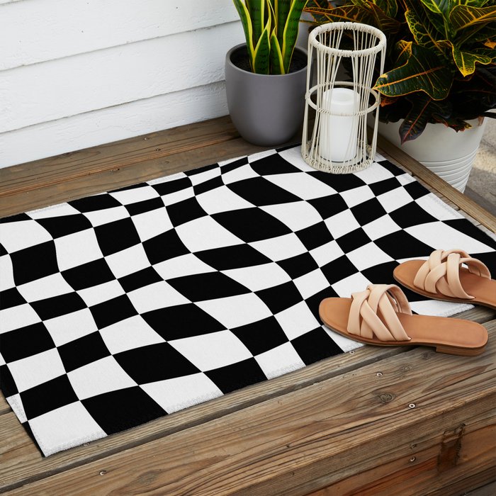 Warped Checkered Pattern (black/white) Outdoor Rug Gallery Image 2