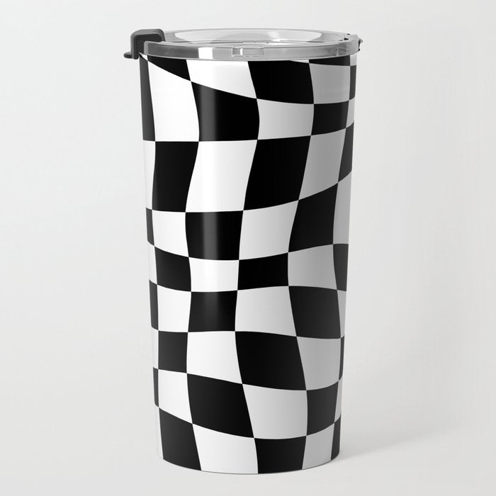 Warped Checkered Pattern (black/white) Travel Mug Gallery Image 3