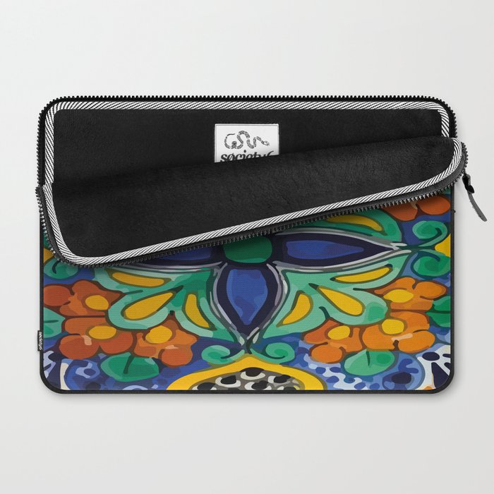 Maximalist leaves mexican flowers talavera pottery blue azulejo tile Laptop Sleeve Gallery Image 2