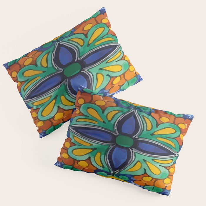 Maximalist leaves mexican flowers talavera pottery blue azulejo tile Pillow Sham Gallery Image 1
