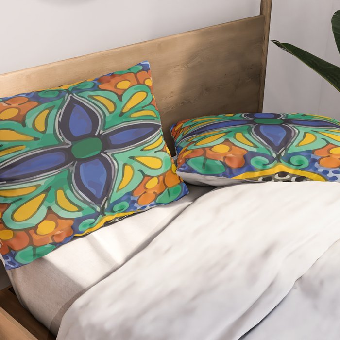 Maximalist leaves mexican flowers talavera pottery blue azulejo tile Pillow Sham Gallery Image 2