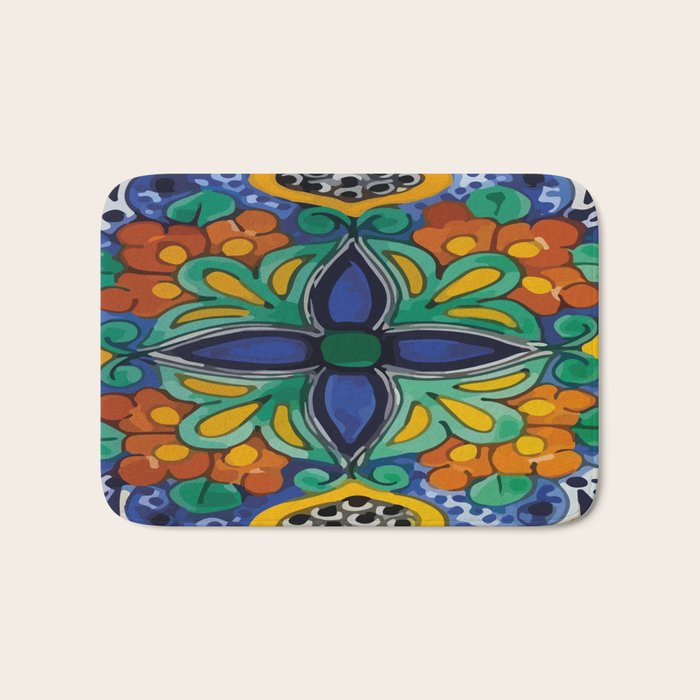 Maximalist leaves mexican flowers talavera pottery blue azulejo tile Bath Mat Gallery Image 1