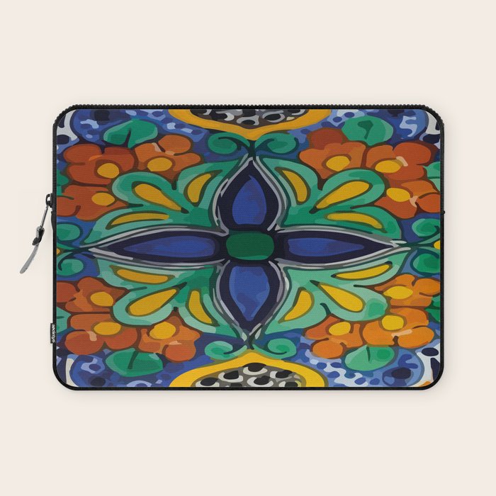 Maximalist leaves mexican flowers talavera pottery blue azulejo tile Laptop Sleeve Gallery Image 1